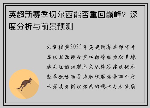 英超新赛季切尔西能否重回巅峰？深度分析与前景预测